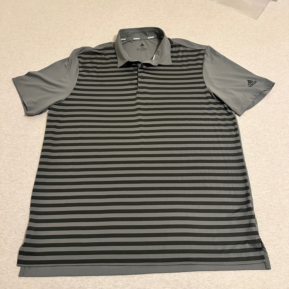Adidas‎ Golf Mens XL Polo Shirt Grey Black Striped Performance Stretch Short Slv